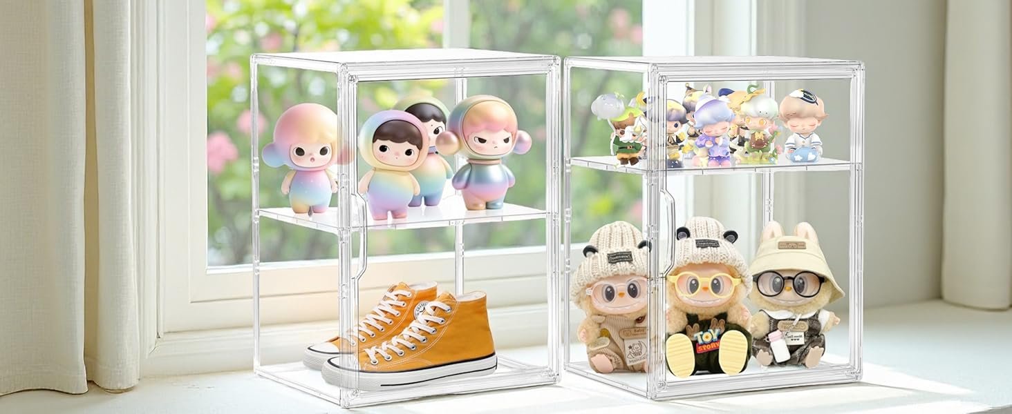 wholesale acrylic display case for collectibles, clear storage bin with 3 adjustable layers and1 removable divider, stackable clear storage box with magnetic door for figures, home or office,large,2pack factory & supplier oem odm