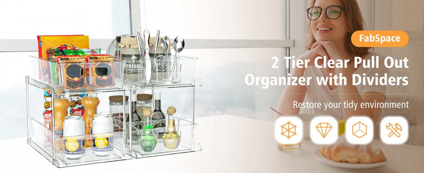 oem odm pull-out home organizer, 2 pack 2 tier clear bathroom organizer with dividers, multipurpose vanity counter tray, kitchen, closet organizers, cabinet & storage container bins factory & wholesale supplier