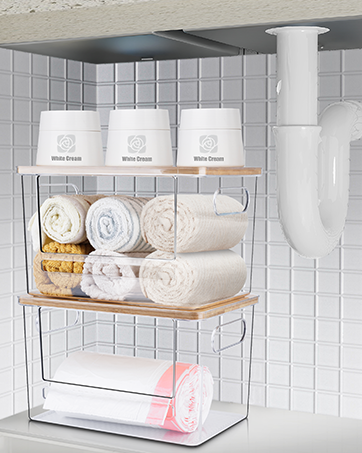 oem odm trash bag dispenser 2 pack, acrylic garbage bag dispenser with bamboo top, extra large trash bags holder dispensers under sink for kitchen, pantry, laundry room, cabinet organizer and storage factory & wholesale supplier