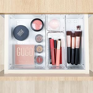 oem odm 16 pcs drawer organizer set, 5 varied size bathroom and kitchen drawer cabinet organizer trays, clear storage bins for makeup, jewelry, utensils and gadgets factory & wholesale supplier