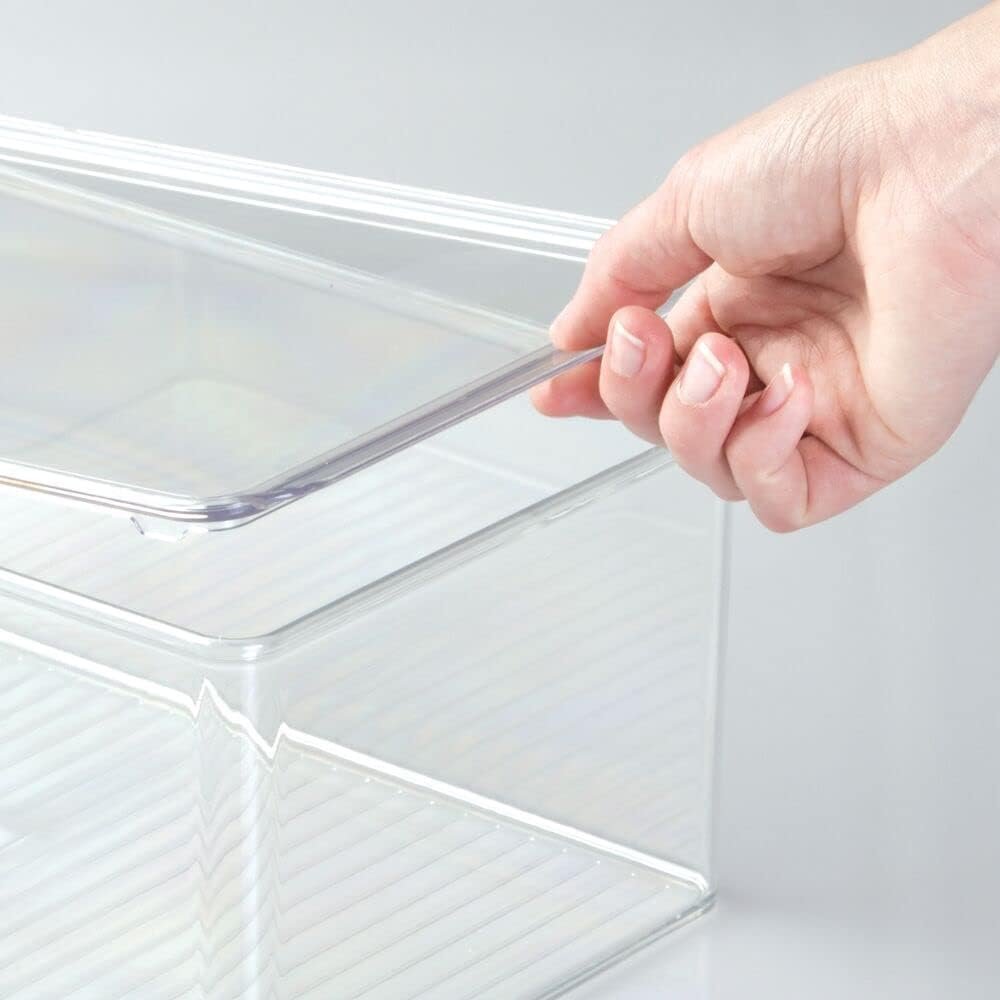 oem odm mdesign plastic stackable home office storage organizer box with hinge lid - holder container bin for note pads, gel pens, staples, dry erase markers, tape, supplies - lumiere collection - clear factory & wholesale supplier