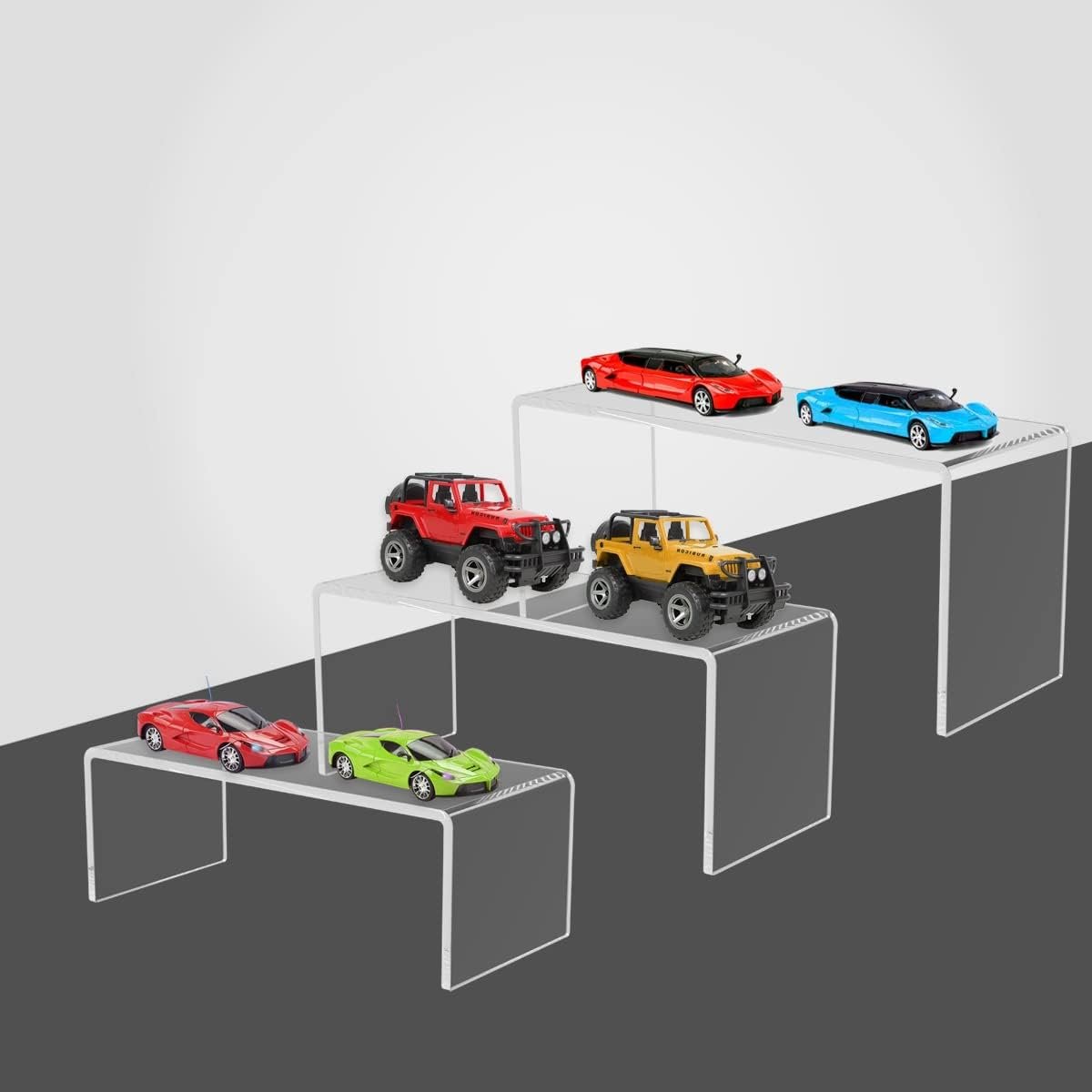 oem odm 6pcs acrylic display risers, 3 sizes clear product stand, jewelry display riser shelf showcase fixtures for collectibles display, toy figure display factory & wholesale supplier