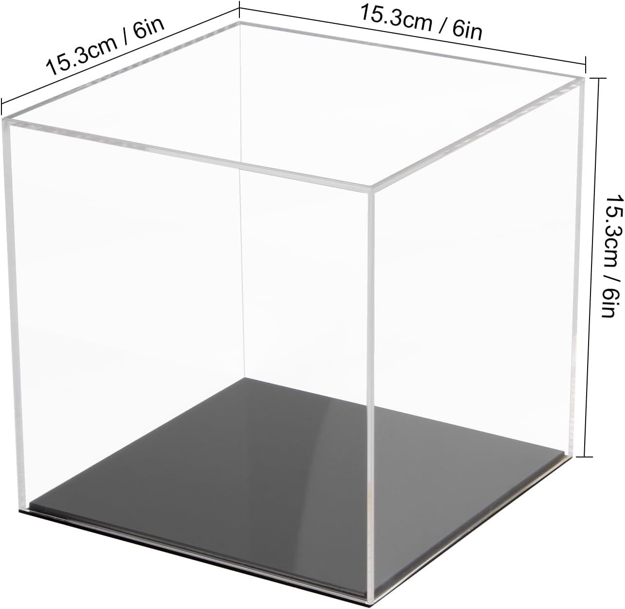 wholesale fully assembled acrylic display case with black base, clear cube dustproof acrylic display box for collectibles, alternative glass case with black stand for display, 6x6x6inch factory & supplier oem odm