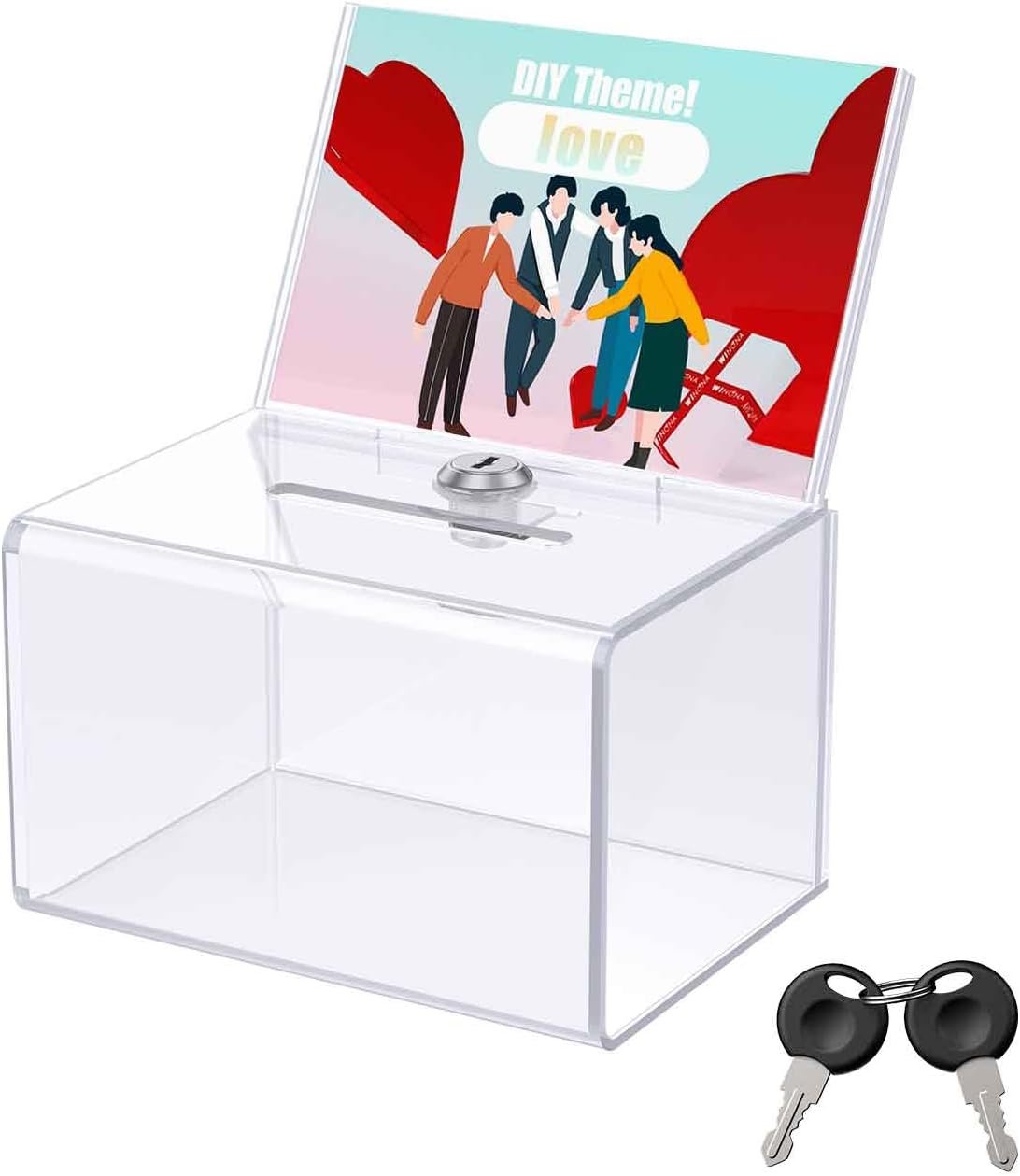 oem odm uniclife acrylic donation box for fundraising, clear suggestion box with slot and lock, ballot box with sign holder, plastic storage container for voting charity tip collection, 6.3