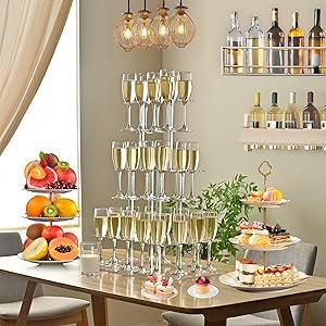 wholesale rectangle acrylic champagne tower display rack stand, 3 tier floating sight flute holder with 32 slots for party, wedding, school, celebration, 17.3x11.8x25.5 inch factory & supplier oem odm