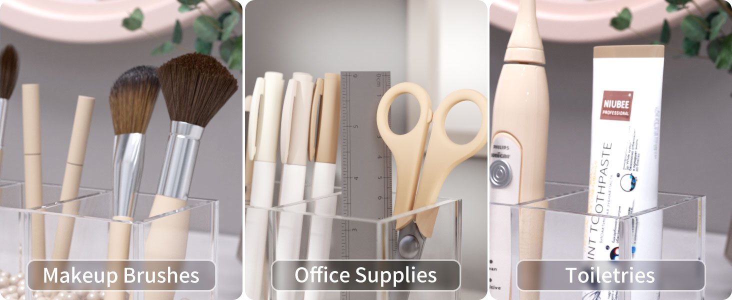 oem odm niubee acrylic pen holder 4 compartments, clear pencil organizer cup for countertop desk accessory storage factory & wholesale supplier