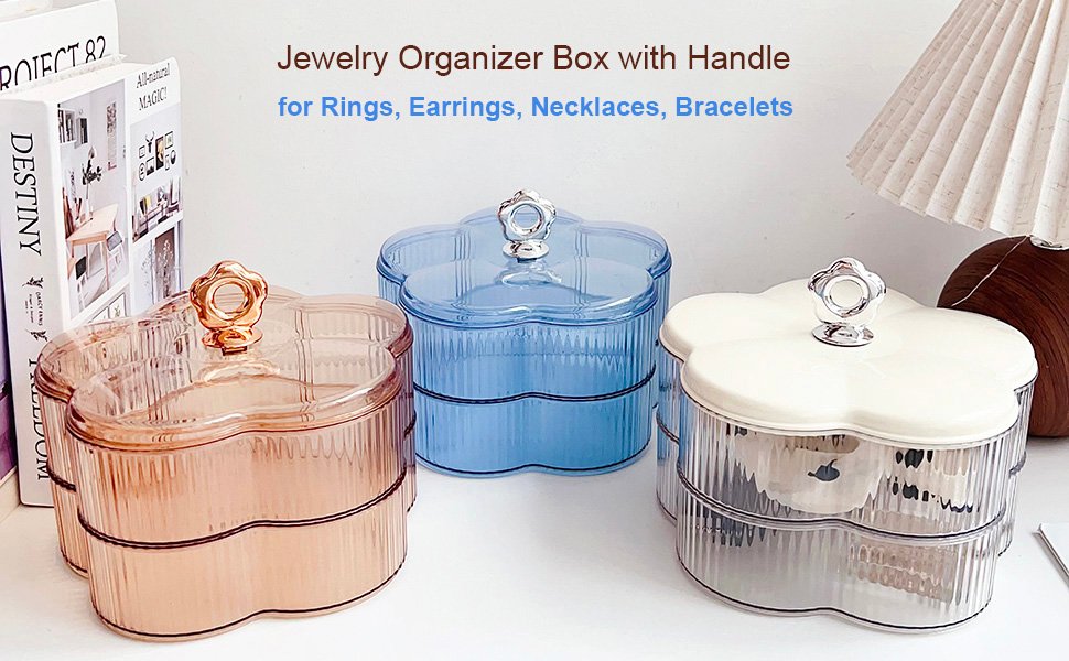 oem odm wlz acrylic clear jewelry organizer box 2-layer with handle, cute floral shaped jewelry storage box earrings rings holder with lid necklaces bracelets container boxes for women girls (clear white) factory & wholesale supplier