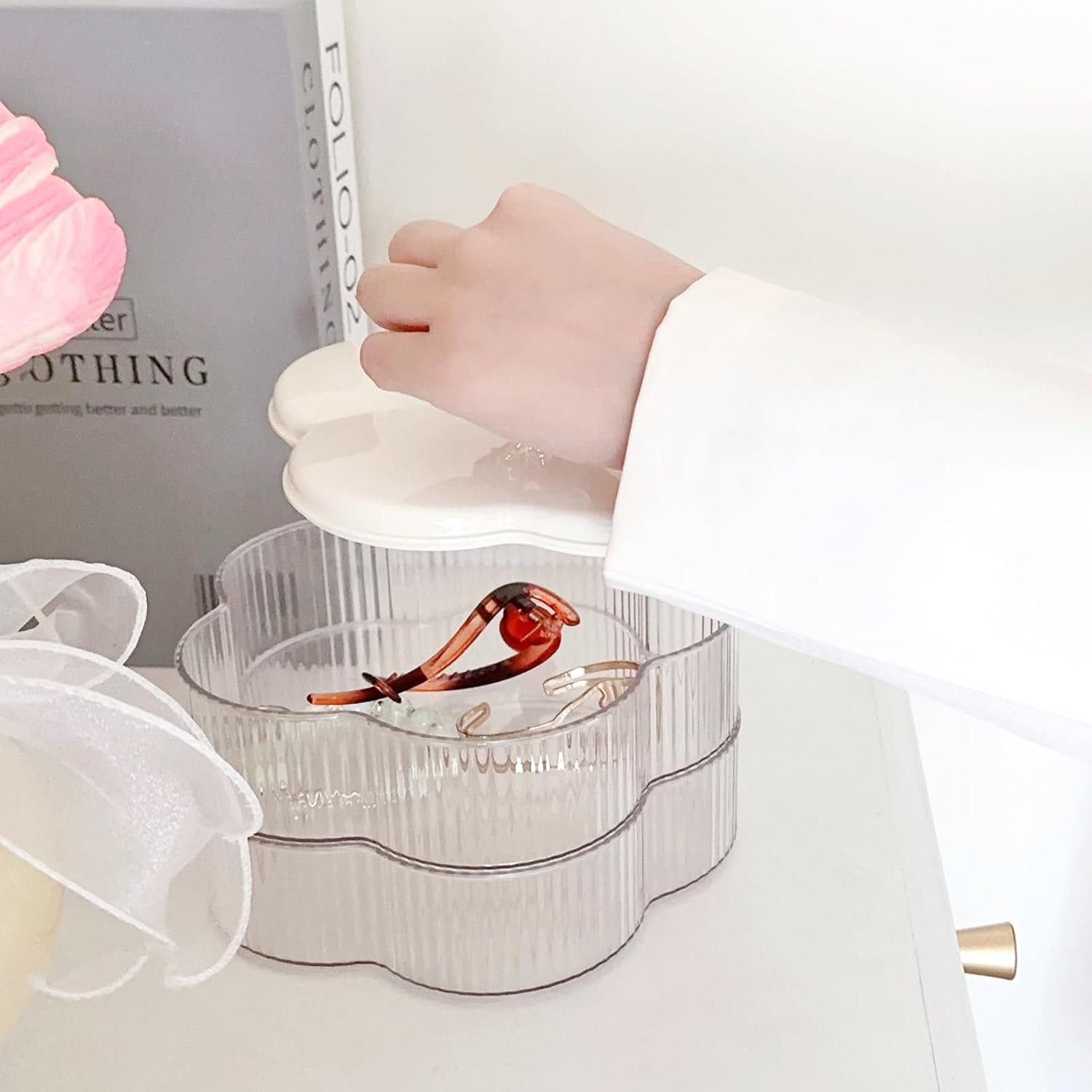 oem odm wlz acrylic clear jewelry organizer box 2-layer with handle, cute floral shaped jewelry storage box earrings rings holder with lid necklaces bracelets container boxes for women girls (clear white) factory & wholesale supplier
