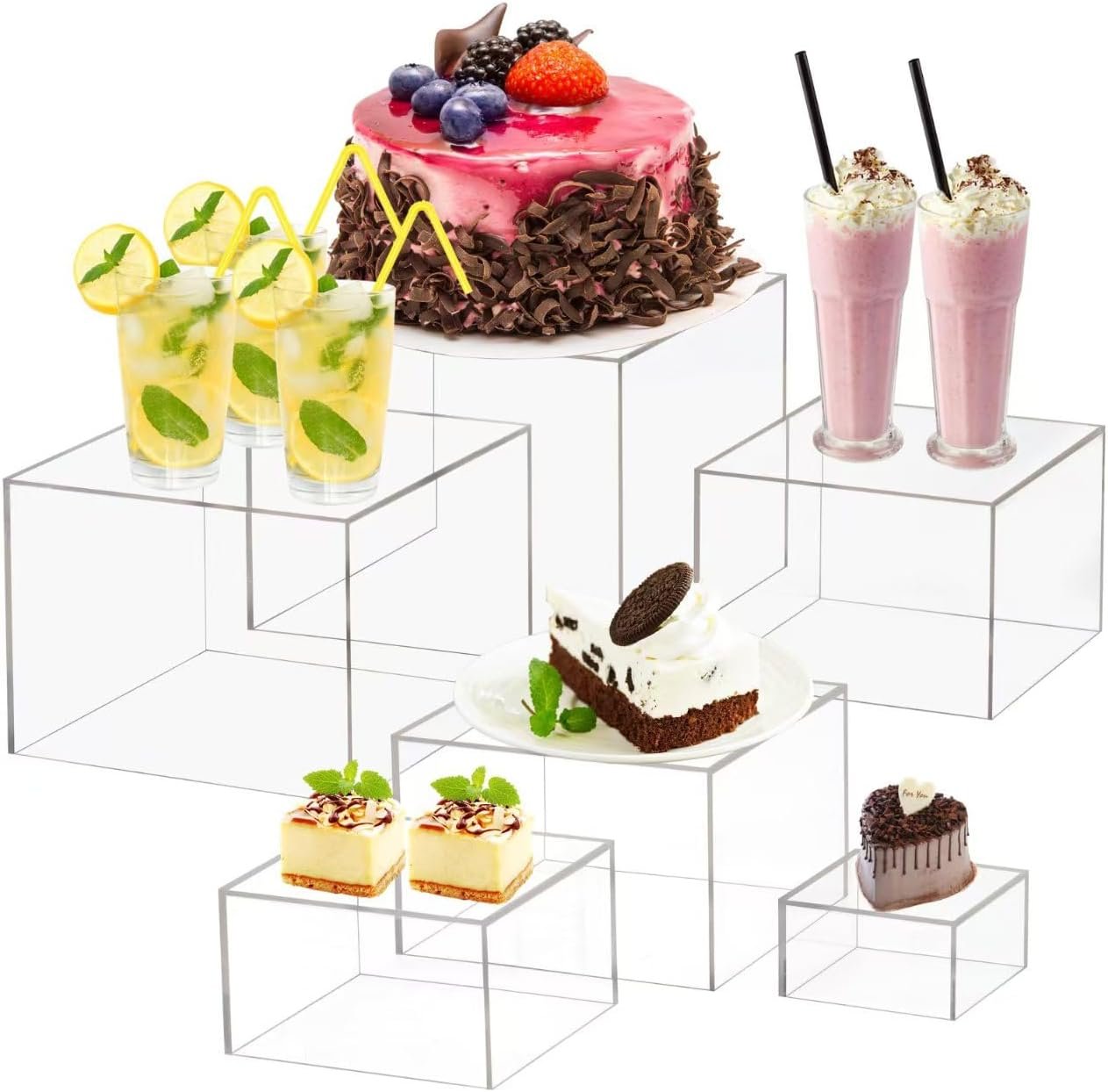 oem odm 6 pcs clear buffet risers and stands, acrylic food risers for buffet table, acrylic risers display stands for wedding party, food display, collectibles(8
