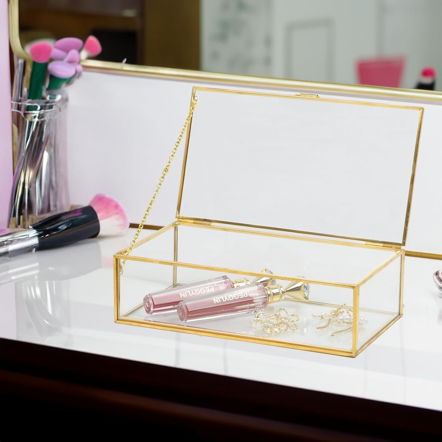 oem odm clear glass decorative box for organizing photos, jewelry, small items - golden dresser drawer organizer, transparant small storage bin container with lid (upgrade, 8x4,3x2,3