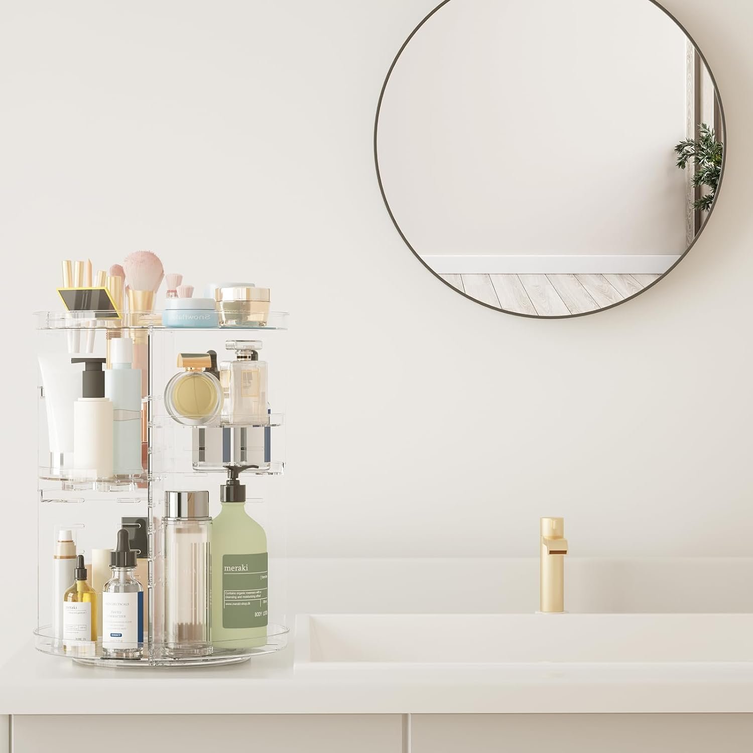 oem odm rotating makeup organizer, diy 8 adjustable layers spinning skincare organizer, cosmetic display case with brush holder perfume tray, multi-function storage carousel for vanity bathroom countertop factory & wholesale supplier