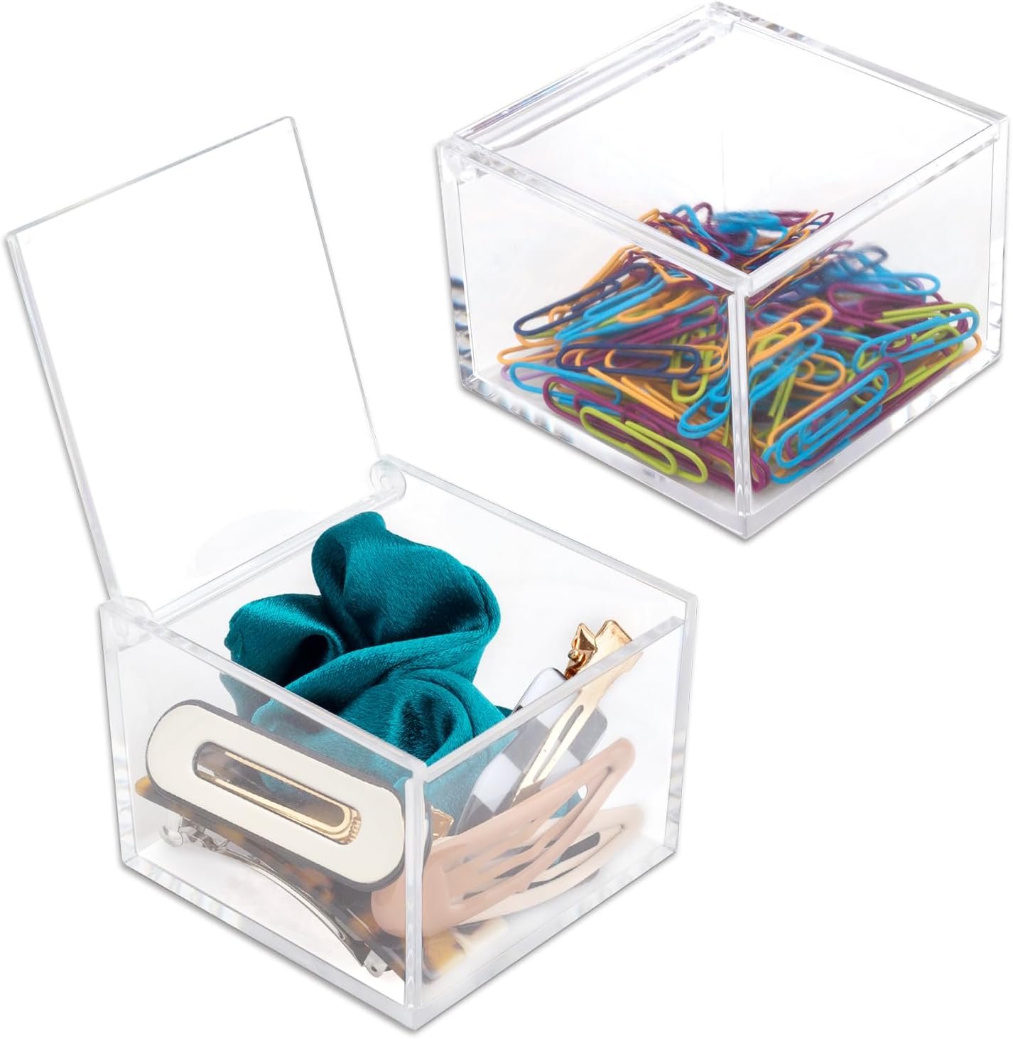 oem odm 2 pack small clear acrylic organizer with lid for paper clips,sticky note,qtip,cotton balls,hair ties holder acrylic box for home office bathroom desk organizer factory & wholesale supplier