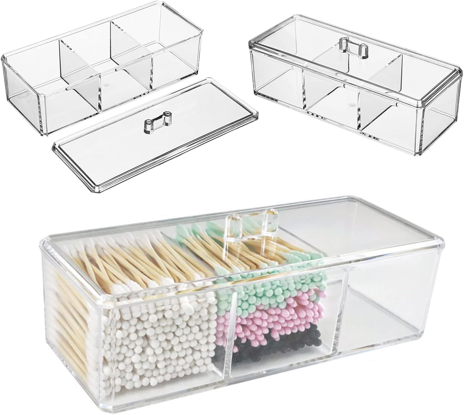 oem odm clear cotton ball and swab holder 3 divided compartments with lid, , waterproof bathroom organizers small plastic storage containers, vanity makeup organization (a) factory & wholesale supplier