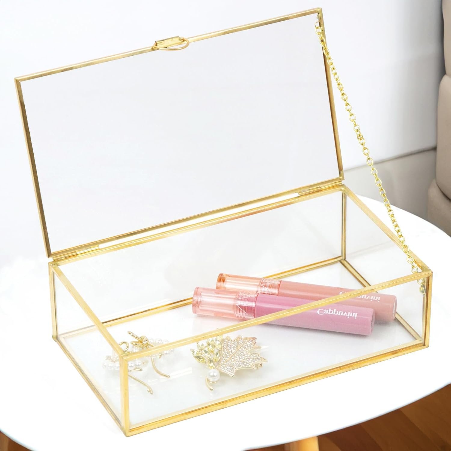 oem odm clear glass decorative box for organizing photos, jewelry, small items - golden dresser drawer organizer, transparant small storage bin container with lid (upgrade, 8x4,3x2,3