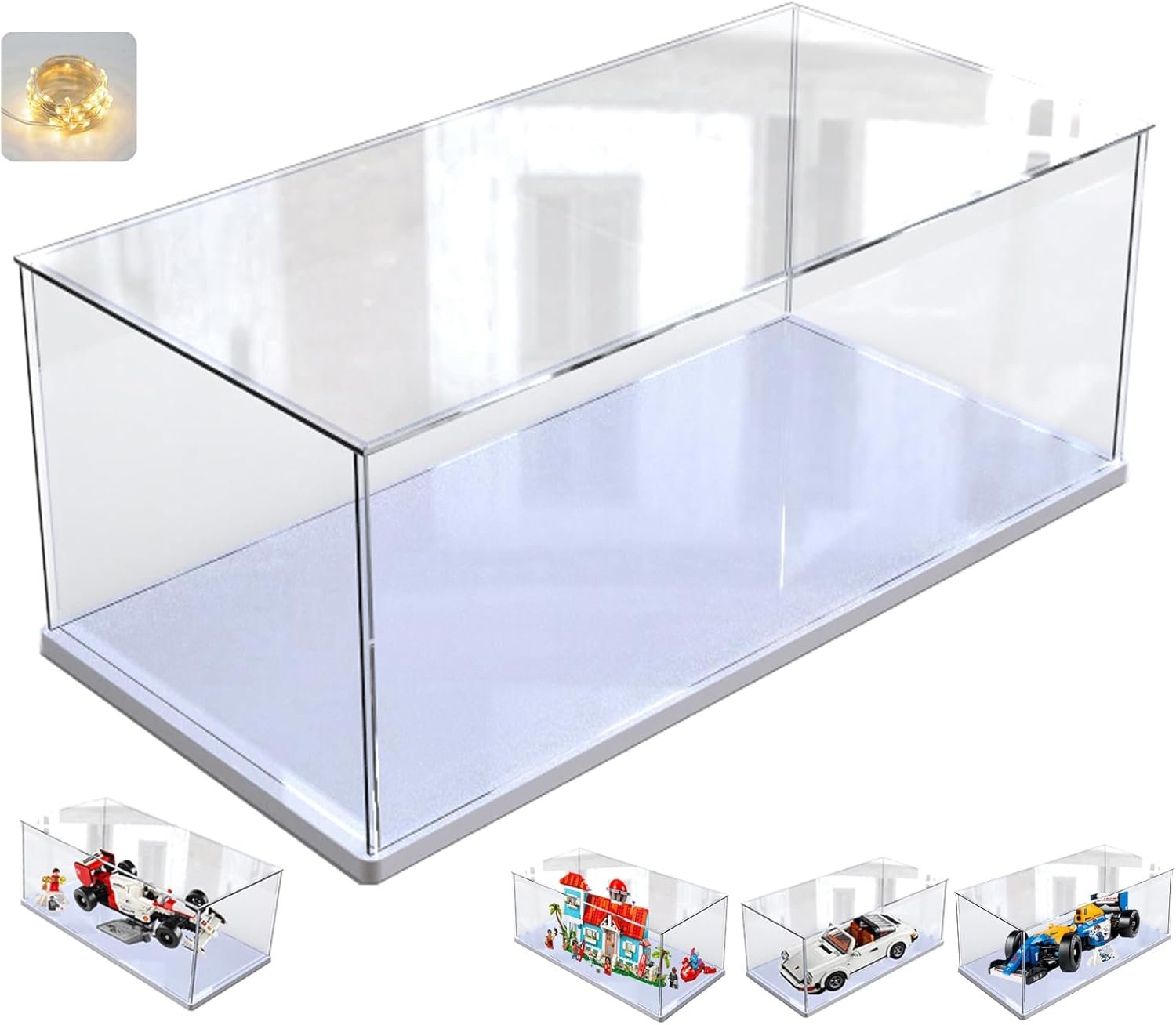 wholesale thickened clear acrylic display case for lego 10330 10295 42176 10337 42170 75376 collectibles, transparent box dustproof protection with wood-plastic base & string light, white inside 15.7x7.9x7.9in factory & supplier oem odm