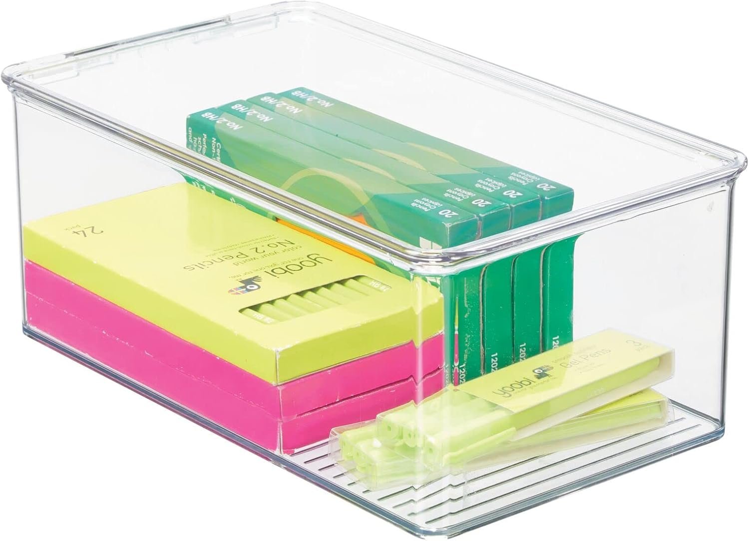oem odm mdesign plastic stackable home office storage organizer box with hinge lid - holder container bin for note pads, gel pens, staples, dry erase markers, tape, supplies - lumiere collection - clear factory & wholesale supplier