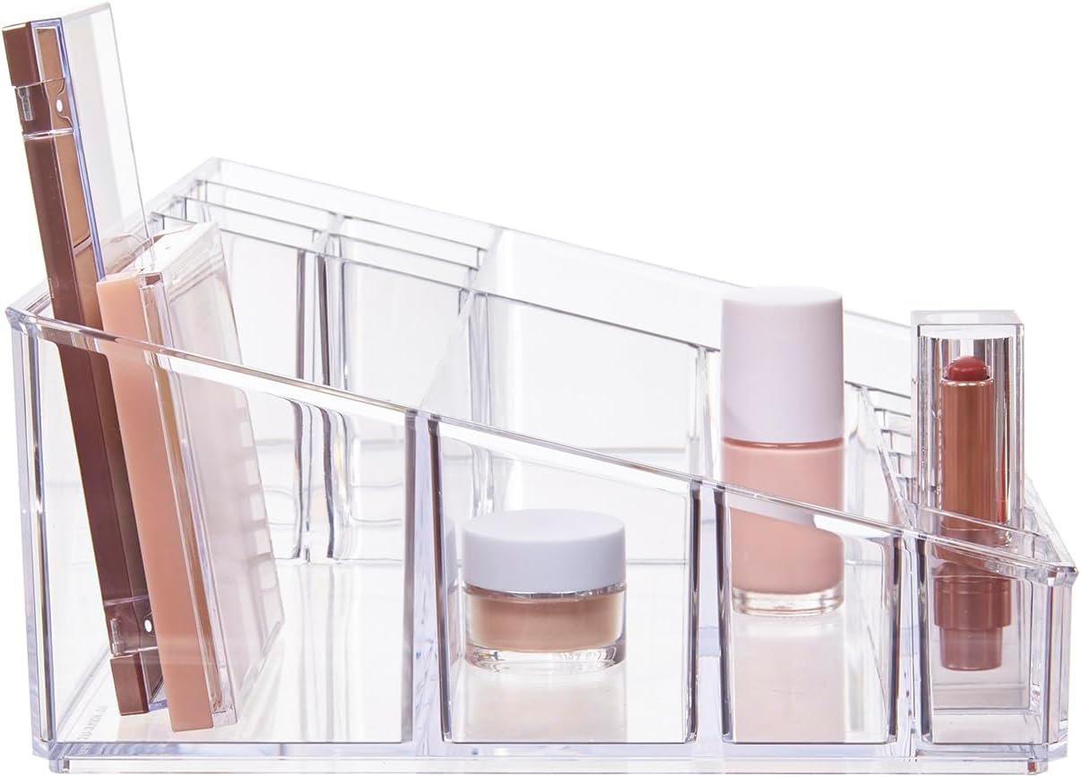 oem odm stori audrey clear vanity makeup organizer | 15-compartment holder for brushes, eyeshadow palettes, & beauty supplies | stacks on audrey storage drawers | made in usa factory & wholesale supplier