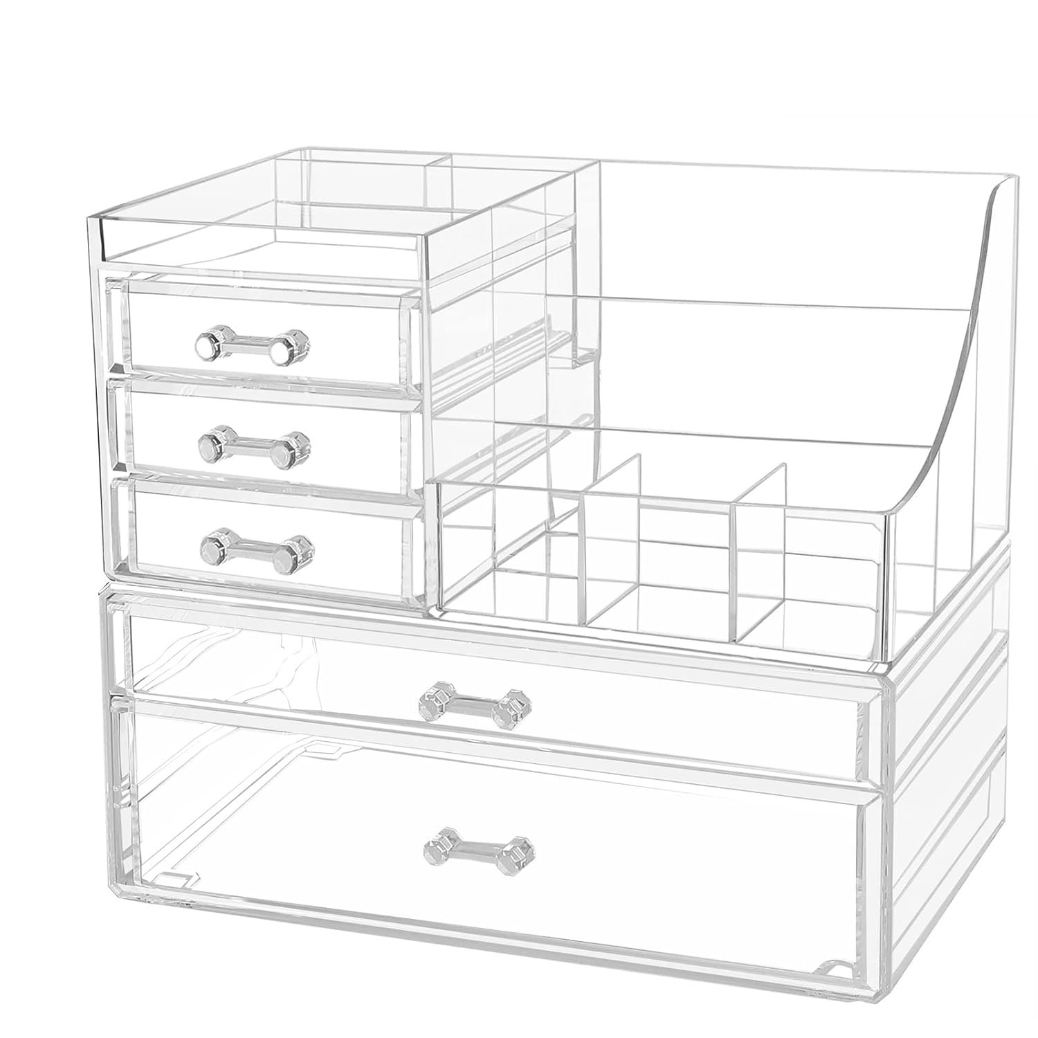 oem odm cq acrylic 2 pack clear make up organizers for vanity,stackable 5 drawers make up organizer,cute desk organizer for vanity jewelry,hair clip,beauty,skincare product dresser acrylic drawer organizer factory & wholesale supplier