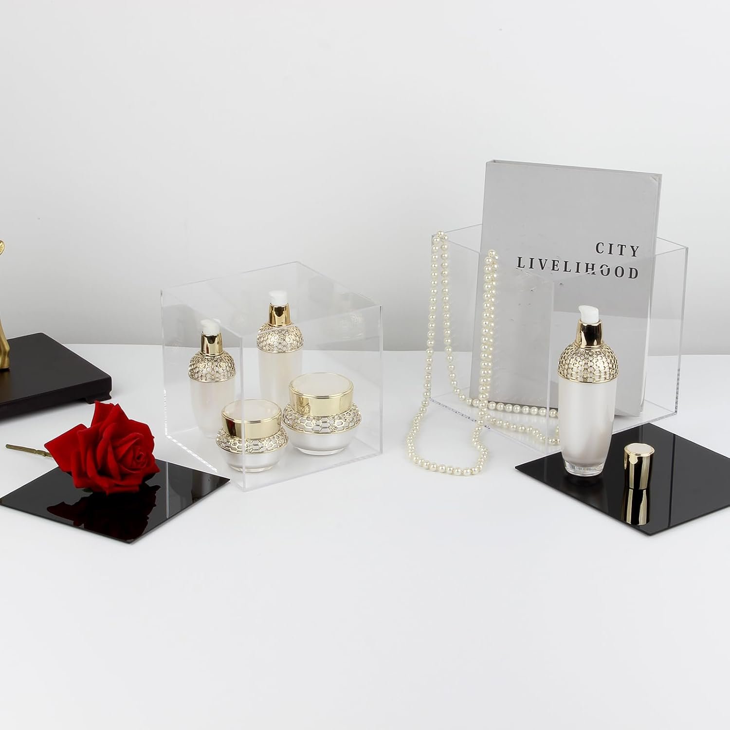 wholesale fully assembled acrylic display case with black base, clear cube dustproof acrylic display box for collectibles, alternative glass case with black stand for display, 6x6x6inch factory & supplier oem odm