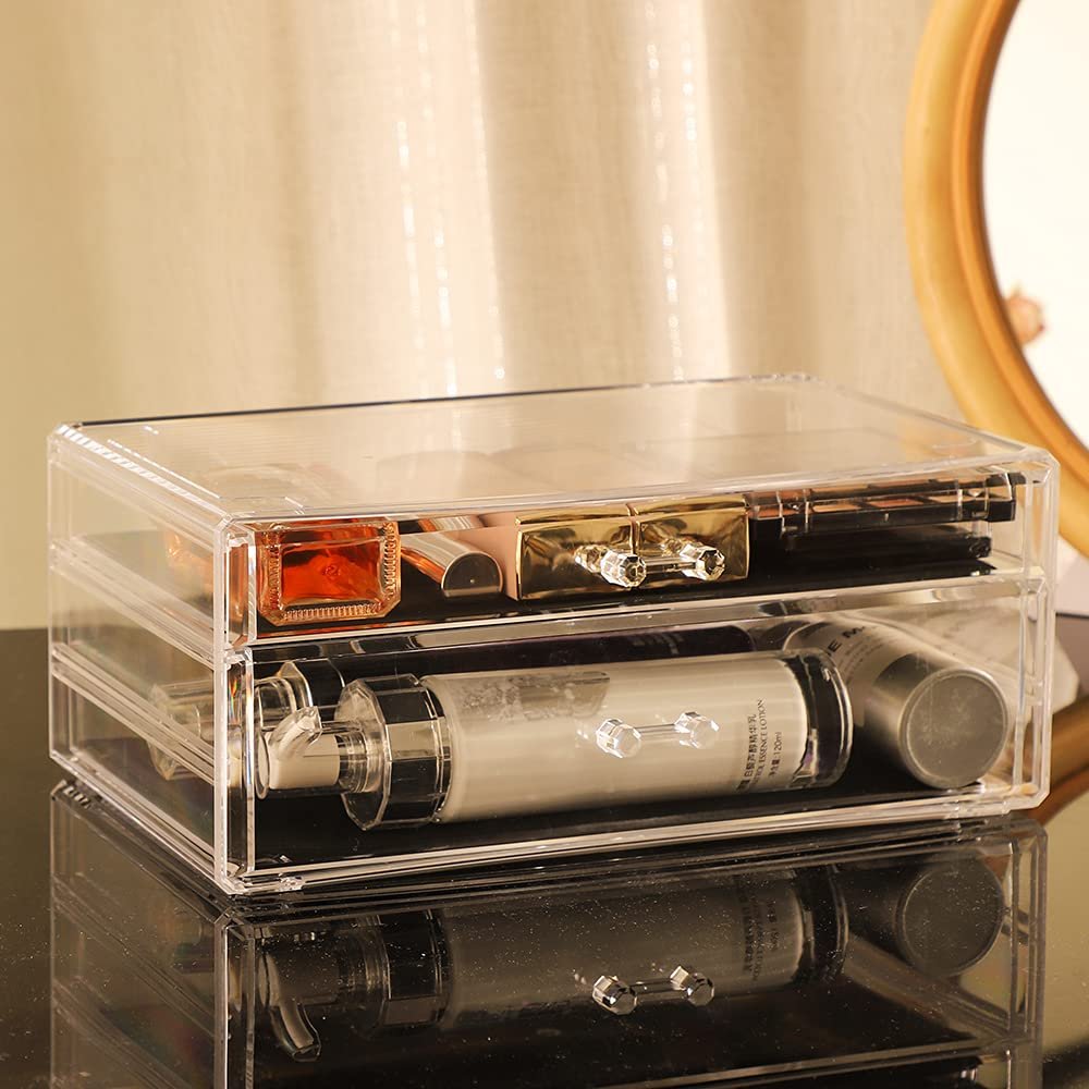 oem odm cq acrylic 2 pack clear make up organizers for vanity,stackable 5 drawers make up organizer,cute desk organizer for vanity jewelry,hair clip,beauty,skincare product dresser acrylic drawer organizer factory & wholesale supplier