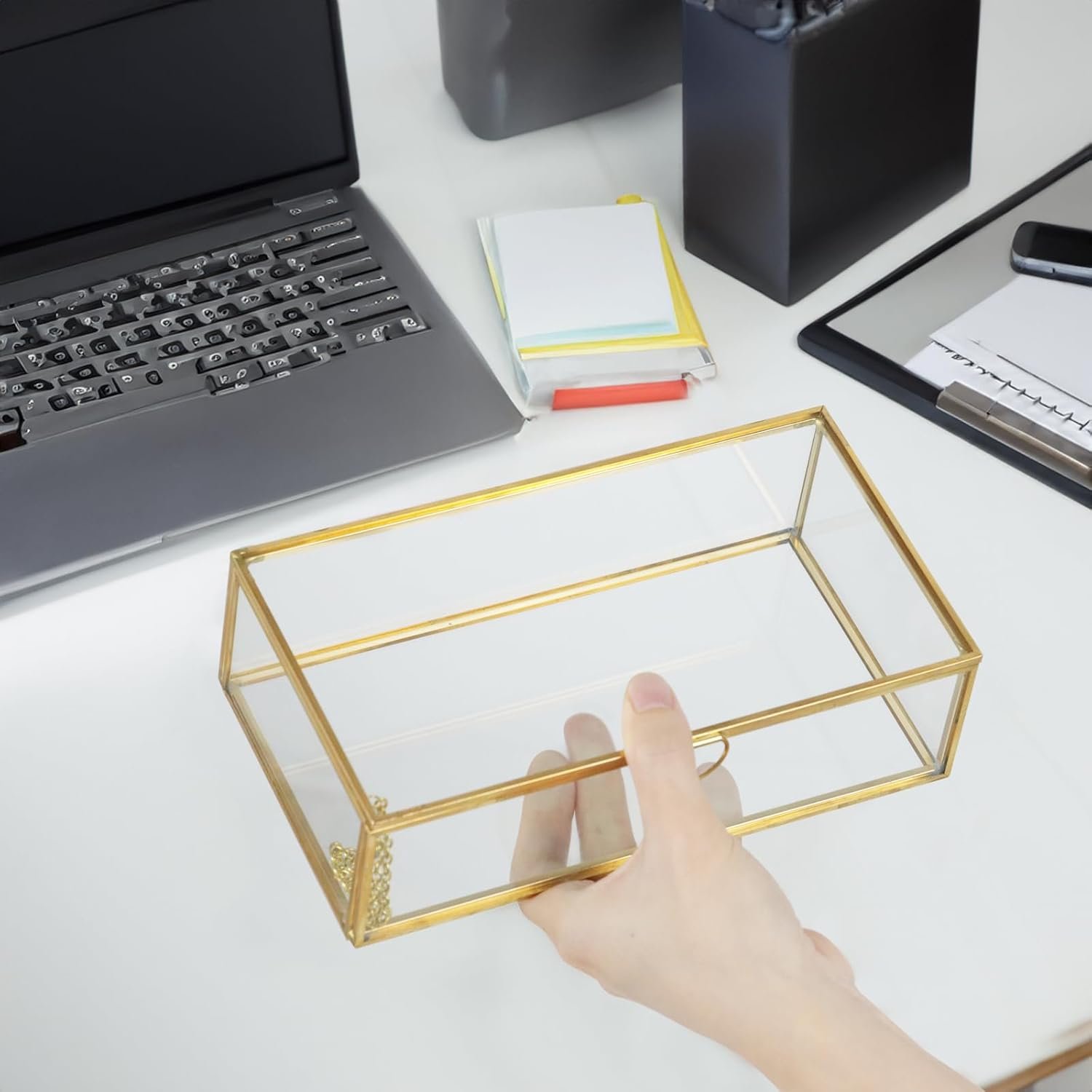 oem odm clear glass decorative box for organizing photos, jewelry, small items - golden dresser drawer organizer, transparant small storage bin container with lid (upgrade, 8x4,3x2,3