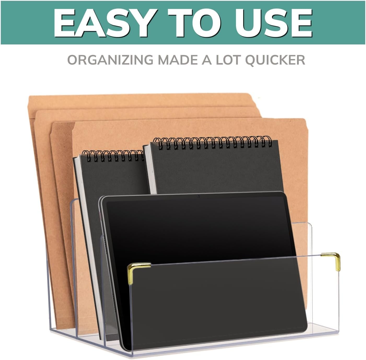 oem odm pbf acrylic file holder | clear file organizer for desk w/gold accents | acrylic desk organizer, folder holder, mail sorter, file stand, magazine divider, laptop, notebook, & letter organizer factory & wholesale supplier