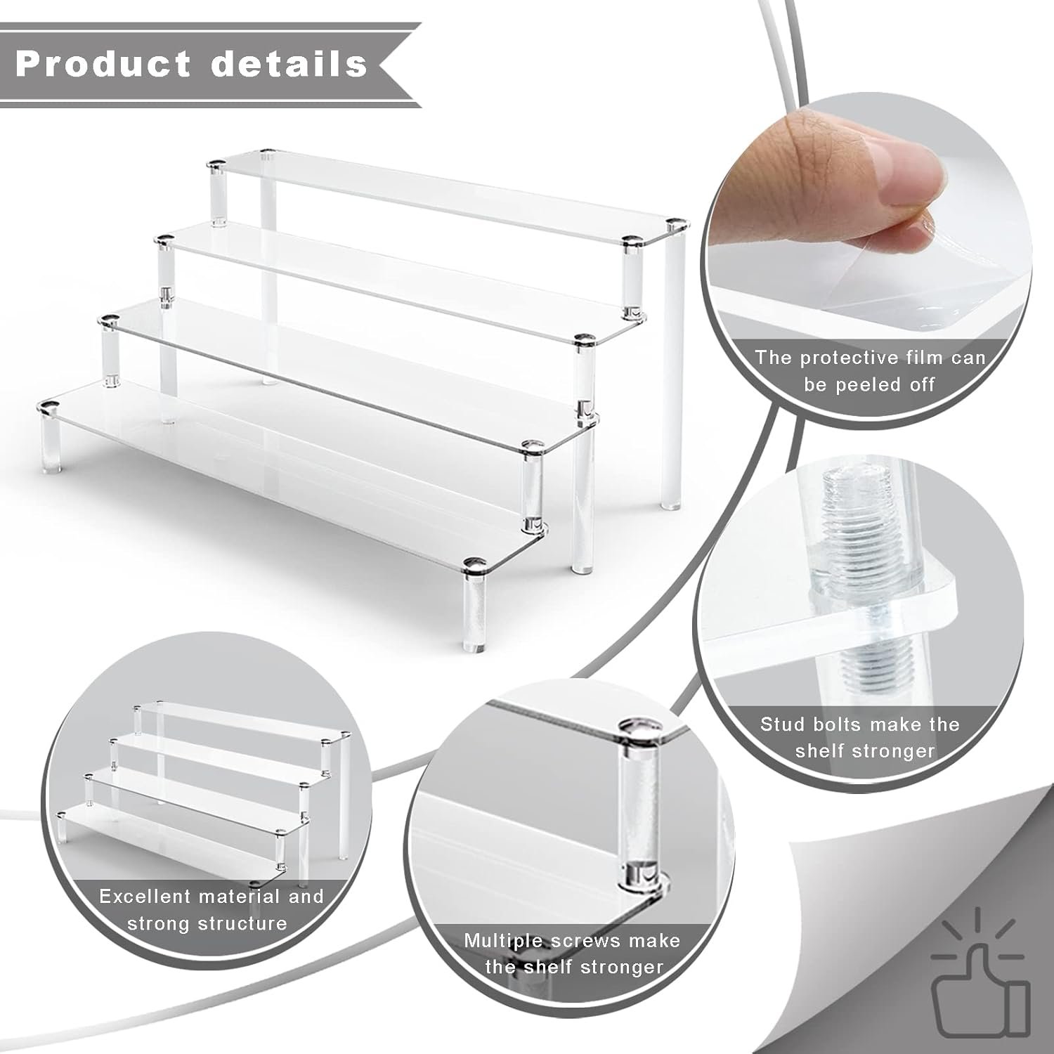 oem odm kalyloc 2pcs acrylic riser shelf display stand, 4 tier clear display shelf action figures holder, collectibles shelf for toys cupcakes dessert jewels figurines(15.7x10.5x7.5inch) factory & wholesale supplier