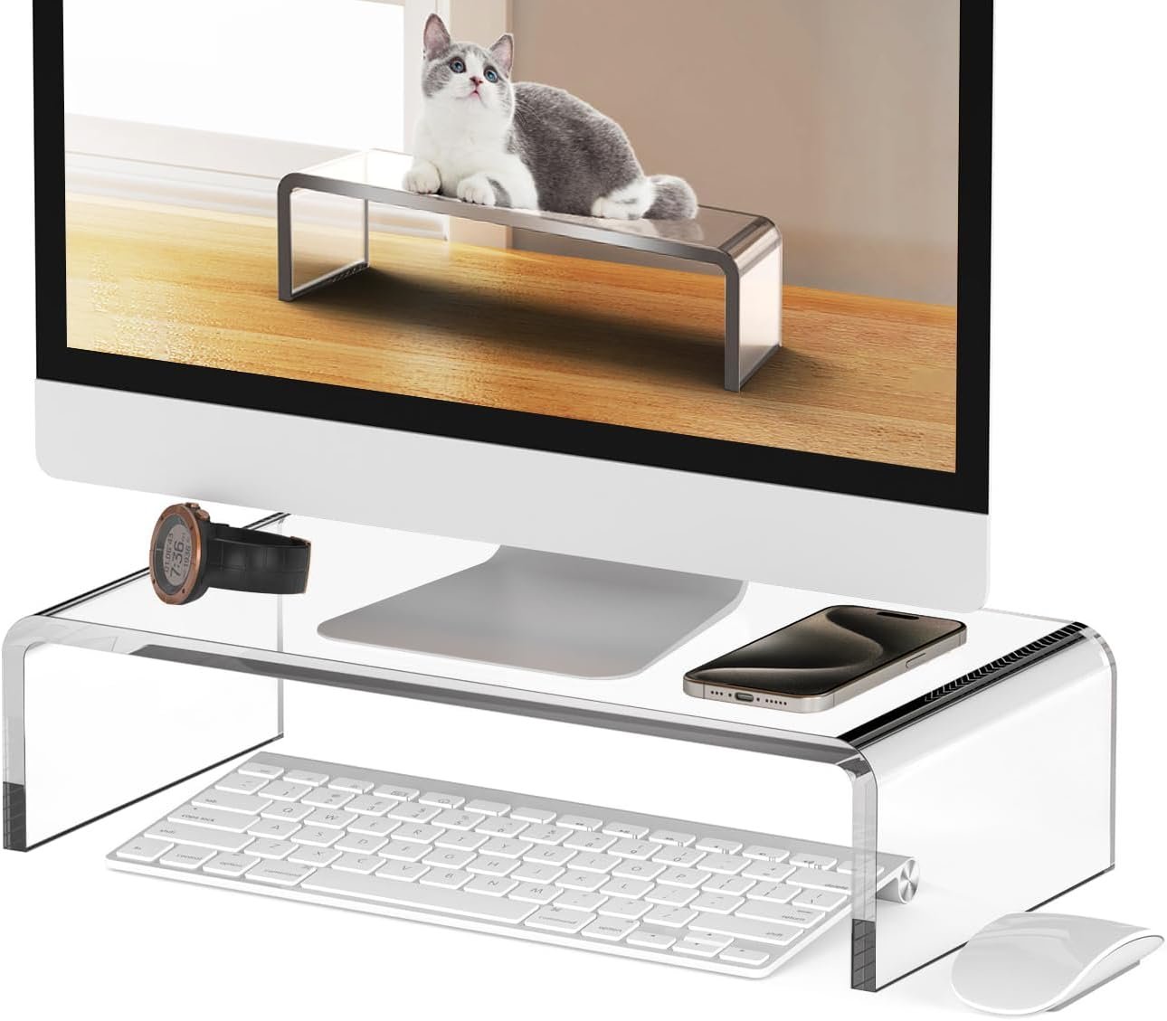oem odm clear acrylic monitor stand riser 1 tier, 4 inches high clear computer desk organizer shelf for multi media pc storage laptop factory & wholesale supplier