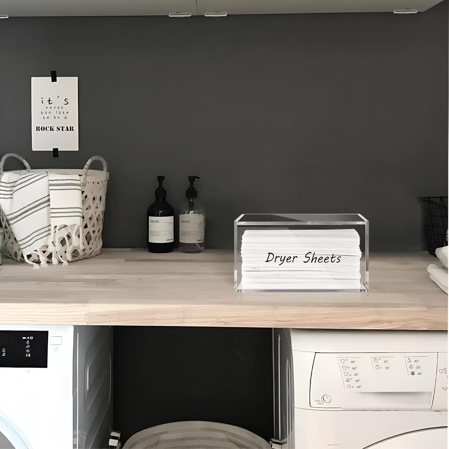 oem odm simetufy dryer sheet holder for laundry room, acrylic laundry clear dryer sheets dispenser container box with lid for organizing fabric dry sheet, laundry pods factory & wholesale supplier