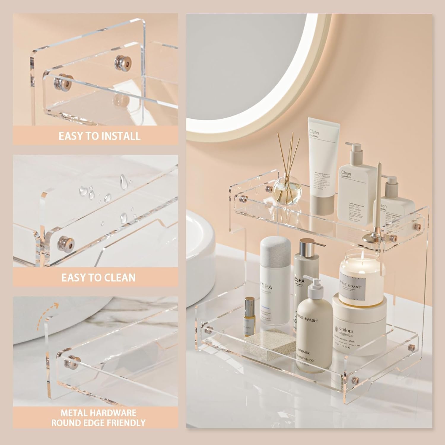 oem odm bathroom counter organizer countertop 2 tier storage acrylic corner makeup organizer for perfume stand, vanity holder, dresser tray, spice rack, skincare, coffee bar, room decor (clear) factory & wholesale supplier