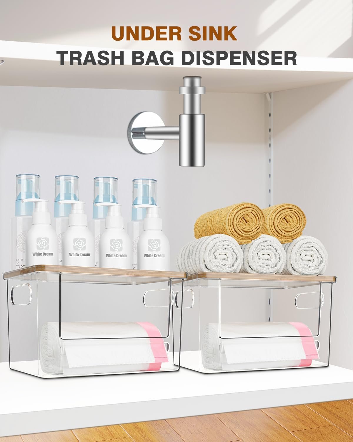oem odm trash bag dispenser 2 pack, acrylic garbage bag dispenser with bamboo top, extra large trash bags holder dispensers under sink for kitchen, pantry, laundry room, cabinet organizer and storage factory & wholesale supplier
