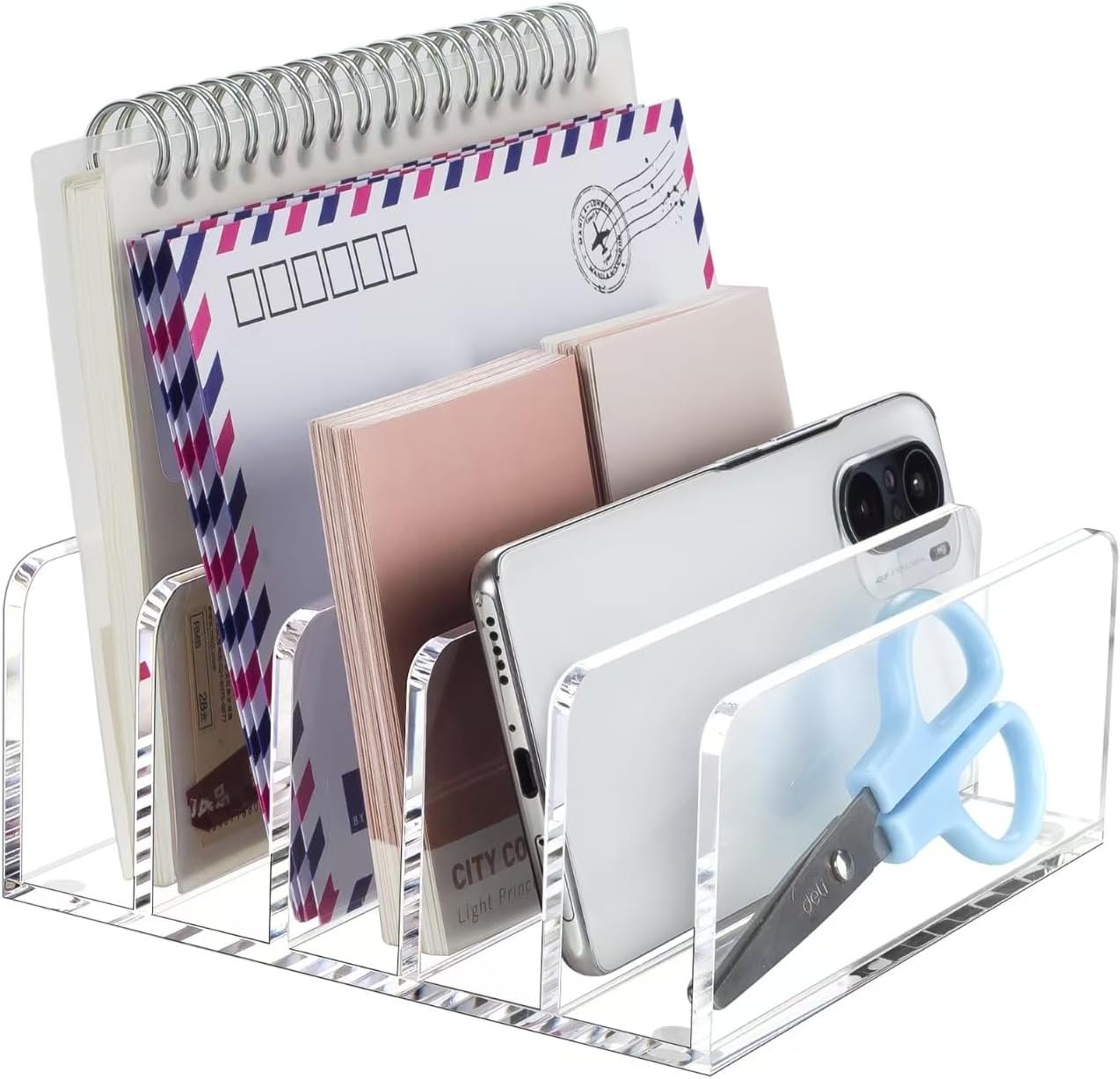 oem odm beygorm acrylic mail holder, clear desk organizer with divider, vertical letter sorter for desktop, 5 compartments modern office home envelope organizer for bill, document, notebook factory & wholesale supplier