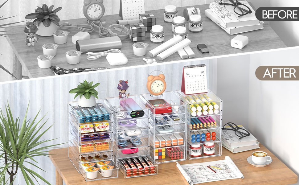 oem odm acrylic drawer organizers - 21 drawers 4 set - clear storage drawers for office supplies - stackable makeup organizer - dustproof desk organizers for makeup, jewelry, pen, stationary factory & wholesale supplier