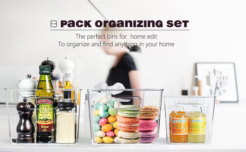 oem odm set of 8 clear plastic storage bins, pantry organization and storage, transparent, plastic, 4 small + 4 large factory & wholesale supplier