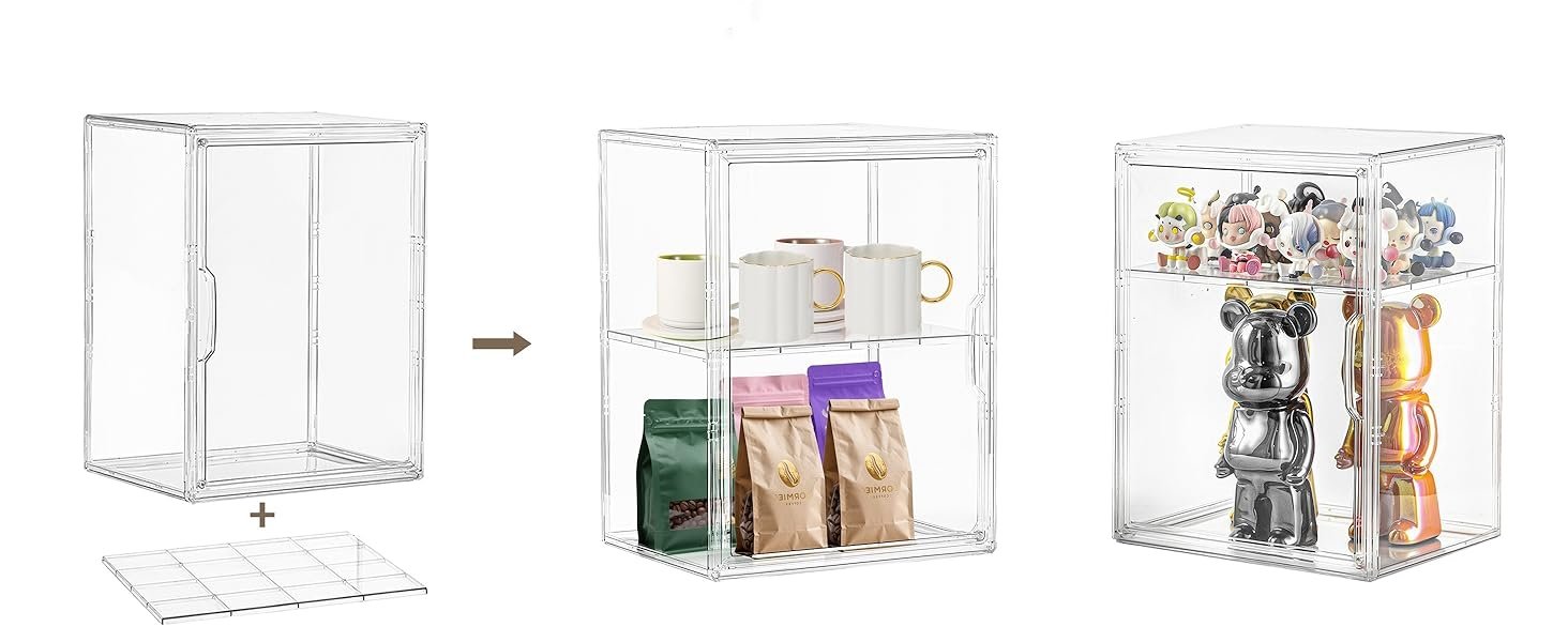 wholesale acrylic display case for collectibles, clear storage bin with 3 adjustable layers and1 removable divider, stackable clear storage box with magnetic door for figures, home or office,large,2pack factory & supplier oem odm