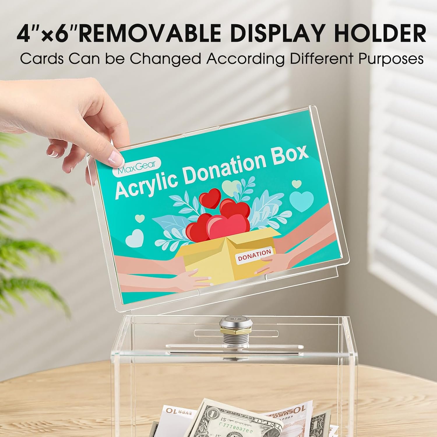 oem odm maxgear acrylic donation box with lock and sign holder, clear ballot box donation boxes for fundraising (6.2
