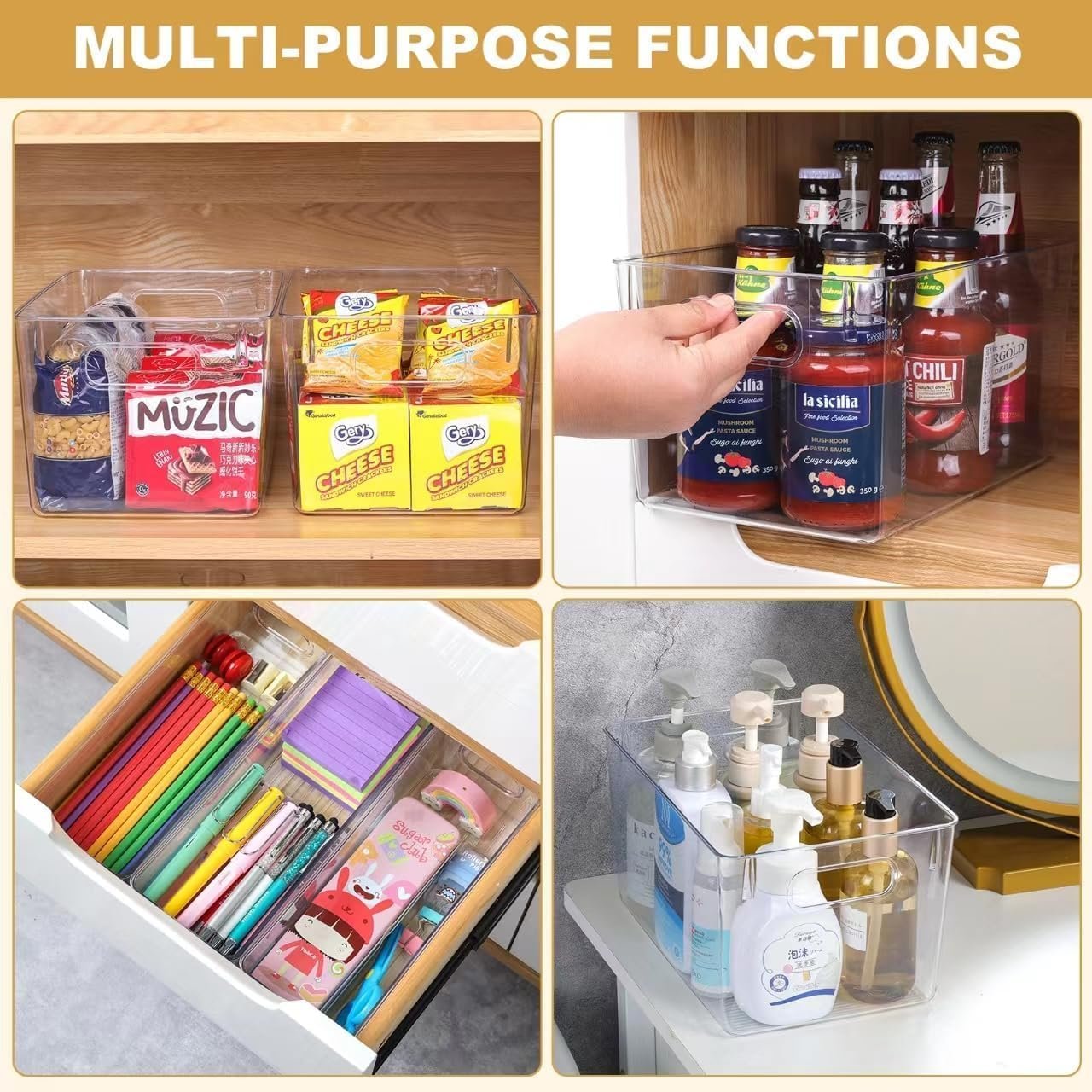 oem odm set of 8 clear plastic storage bins, pantry organization and storage, transparent, plastic, 4 small + 4 large factory & wholesale supplier
