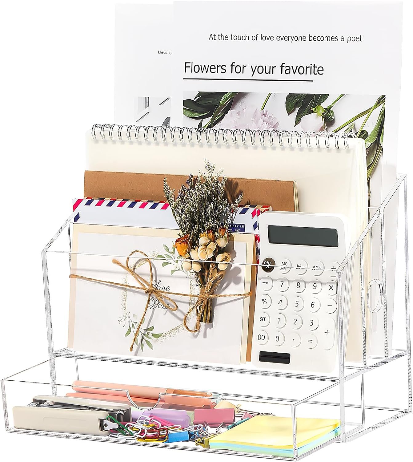 oem odm acrylic desk organizer, clear countertop file organizer with drawer, office mail document paper sorter, 3 compartments, smalll factory & wholesale supplier