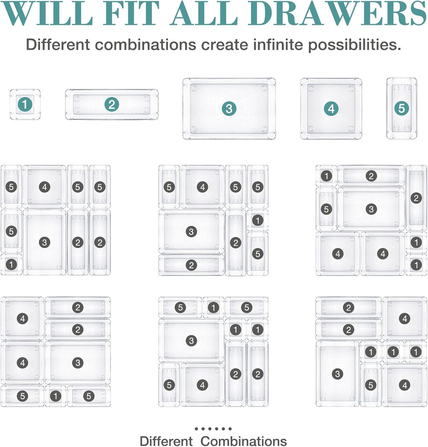 oem odm 16 pcs drawer organizer set, 5 varied size bathroom and kitchen drawer cabinet organizer trays, clear storage bins for makeup, jewelry, utensils and gadgets factory & wholesale supplier