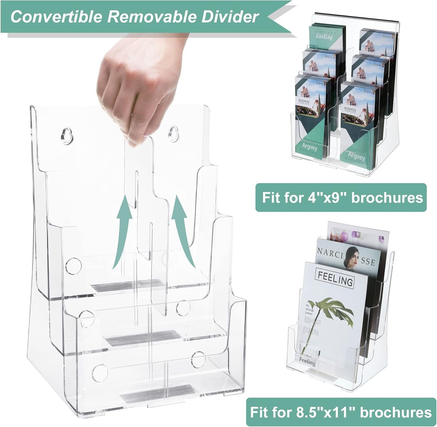 wholesale acrylic brochure holder 8.5 x 11 inches, 3 tier clear literature holder with removable divider for trifold 4 inches wide pamphlet, plastic flyer display stand for magazine, document, booklet factory & supplier oem odm