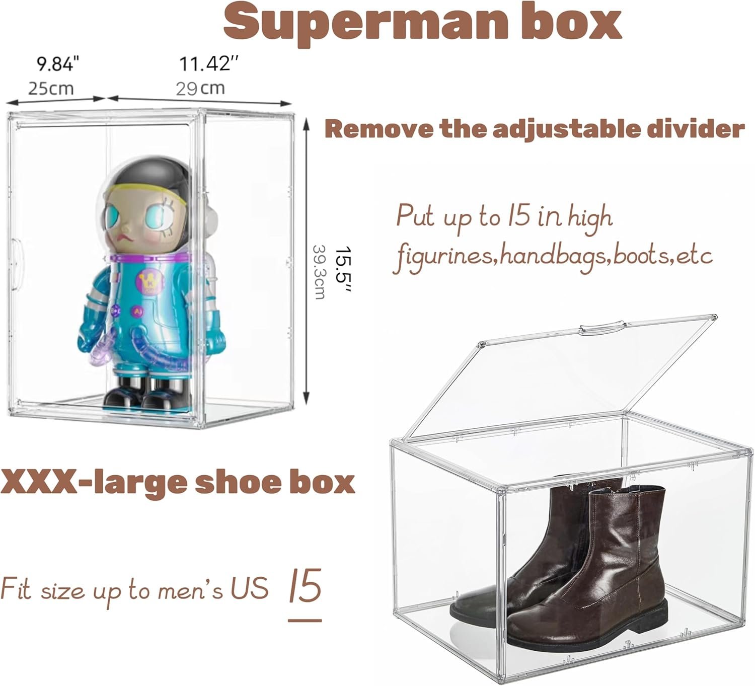 oem odm xxx-large clear acrylic display case boot shoe storage boxes with an adjustable divider,2 pack 2 tiers clear plastic stackable storage bins with lids big display acrylic box with magnetic door factory & wholesale supplier