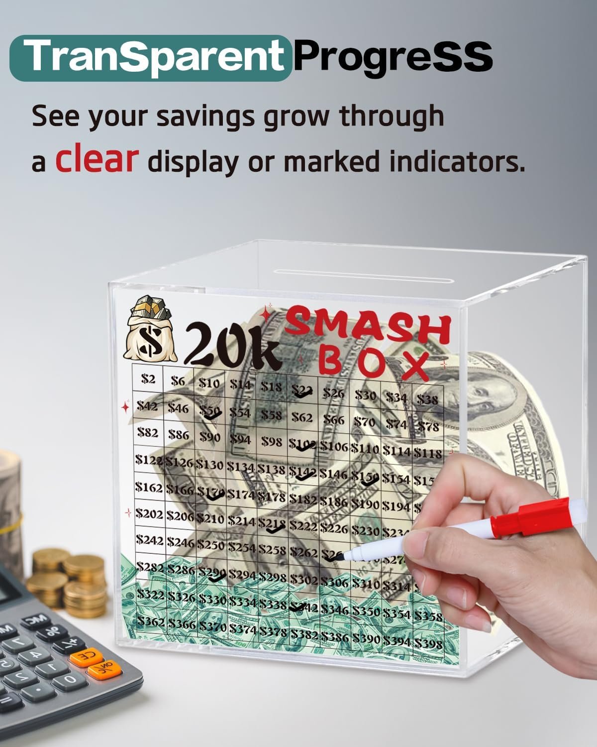 oem odm 20k smash box for money, large piggy bank for adults 20000 savings challenge box, money saving box for cash, big unbreakable clear acrylic money saver must break to open factory & wholesale supplier