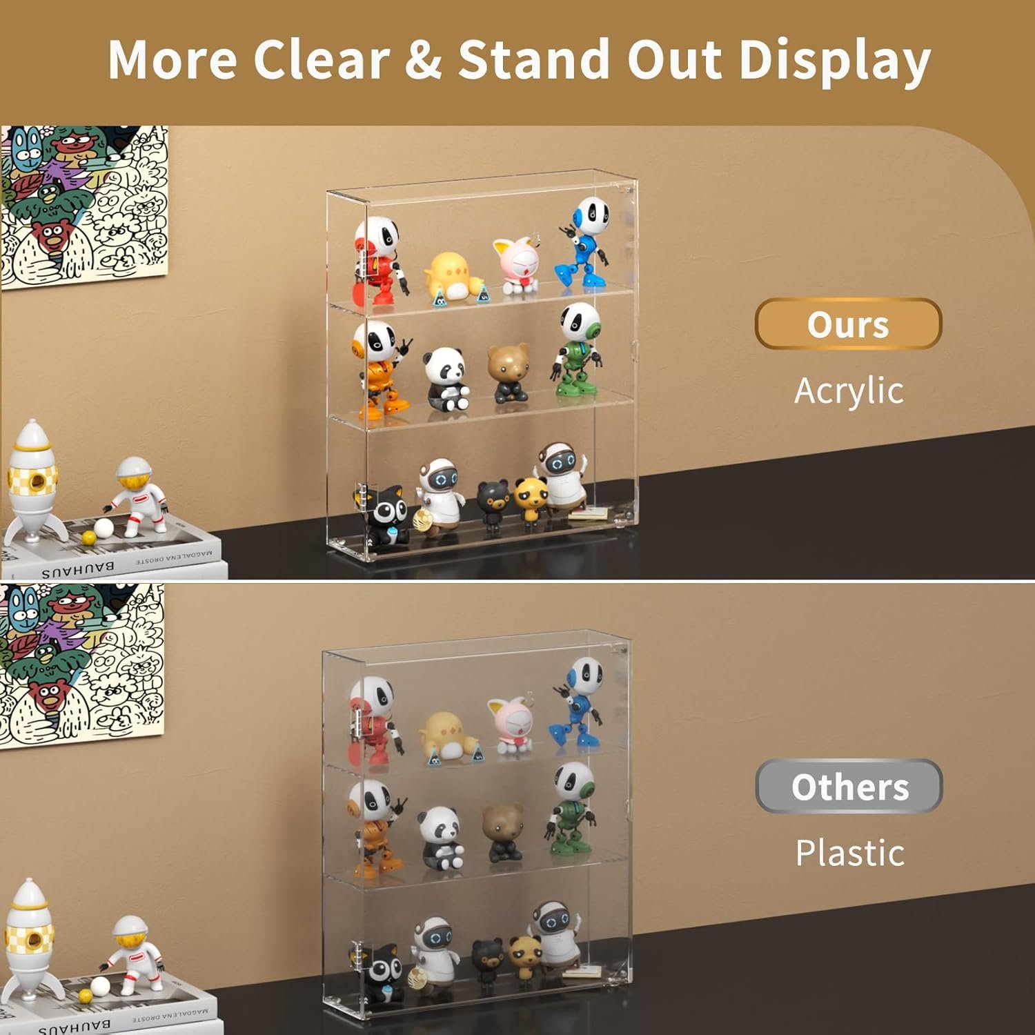 wholesale niubee acrylic display case, clear display case for funko pop figures, wall mounted or desktop dustproof display cabinet box for collectibles ,rock,crystals,mini toys,amiibo (3 tiers) factory & supplier oem odm