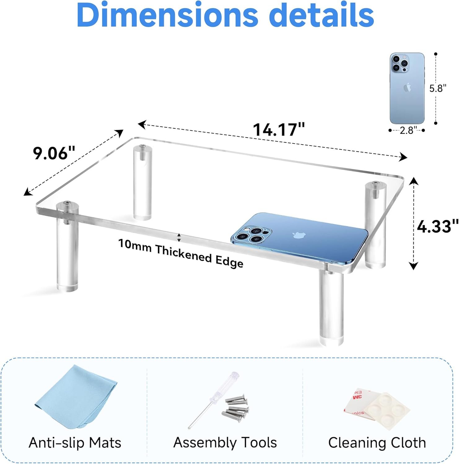 oem odm acrylic monitor display stand, support up to 100-lbs of weight, 10mm thickened computer stand, long-lasting and stable clear display riser for monitors, laptops, small printers factory & wholesale supplier