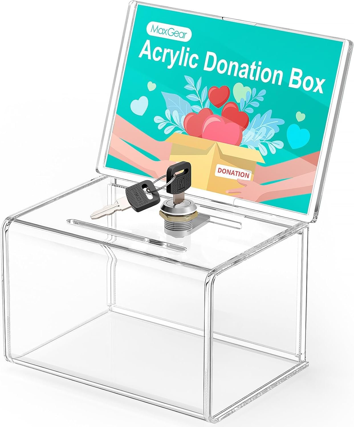 oem odm maxgear acrylic donation box with lock and sign holder, clear ballot box donation boxes for fundraising (6.2