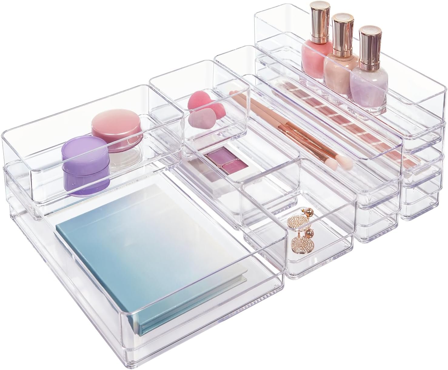 oem odm stori simplesort 10-piece stackable clear drawer organizer set | multi-size trays | makeup vanity storage bins and office desk drawer dividers | made in usa factory & wholesale supplier