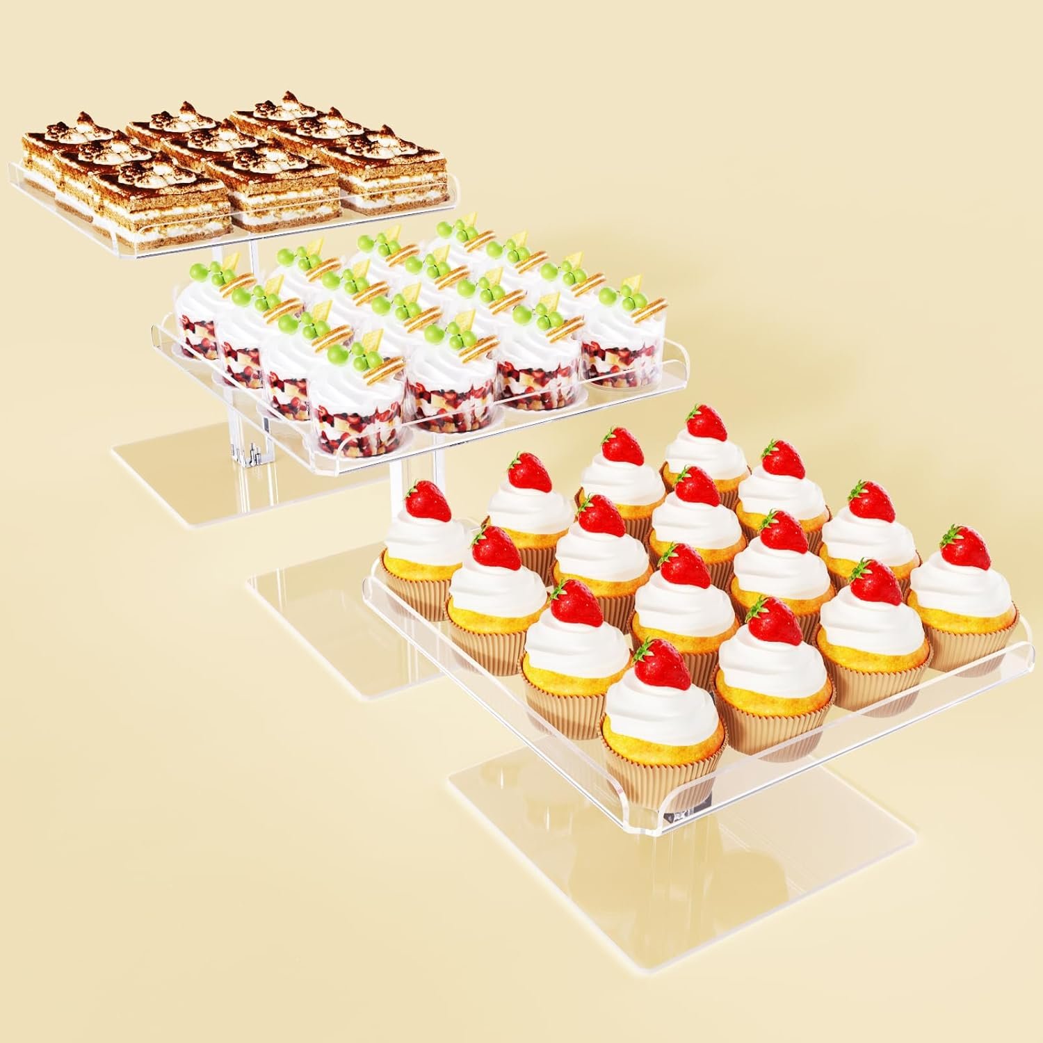 wholesale 3 piece cupcake stand, acrylic dessert table display set, clear square serving trays for birthday, wedding, baby shower factory & supplier oem odm