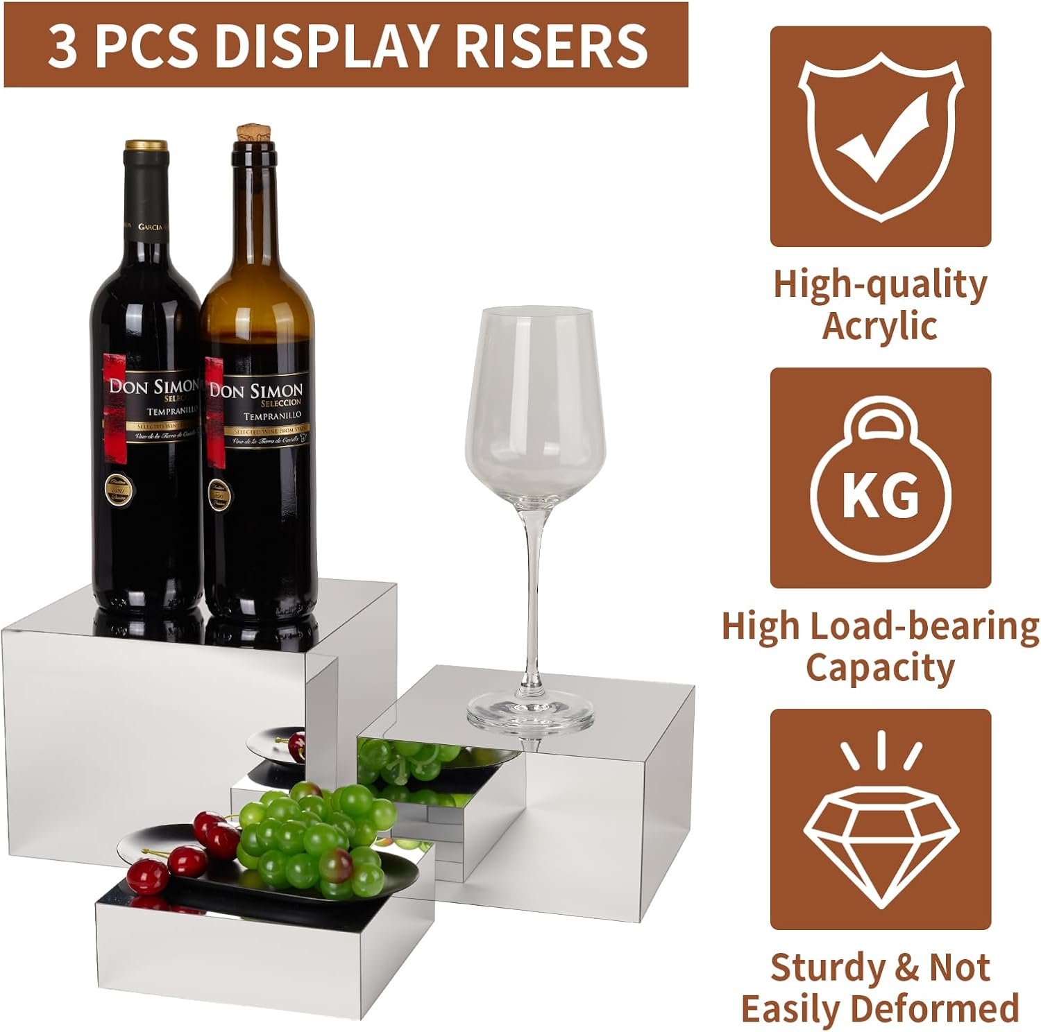 oem odm 3 pcs acrylic risers for display, acrylic cube box food display risers stand shelf for catering dessert collectibles jewelry figures party (silver3pc) factory & wholesale supplier