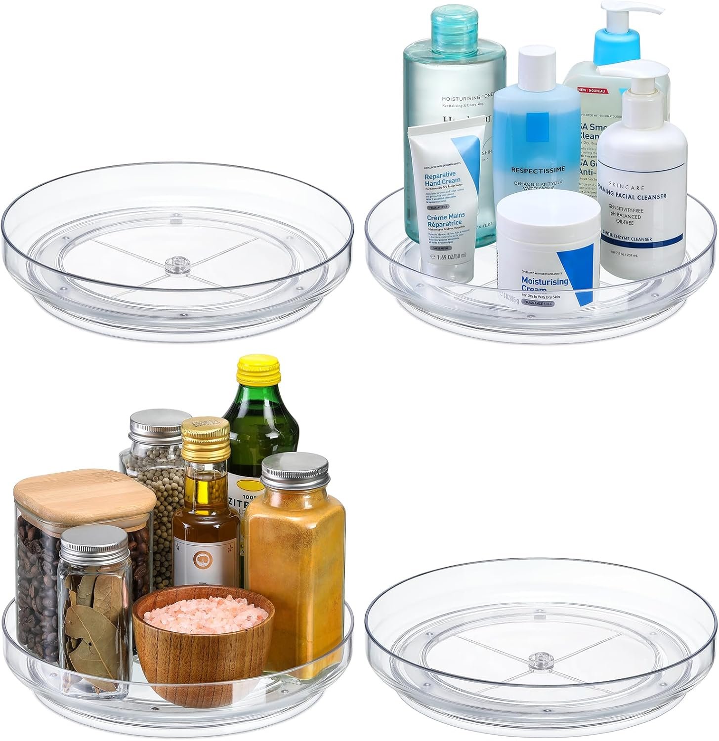 oem odm 4 pack 9 inch clear acrylic lazy susan, non-skid turntable organizer for cabinet, kitchen, pantry organization storage, refrigerator, vanity makeup, bathroom countertop organizing, rotating spice rack factory & wholesale supplier