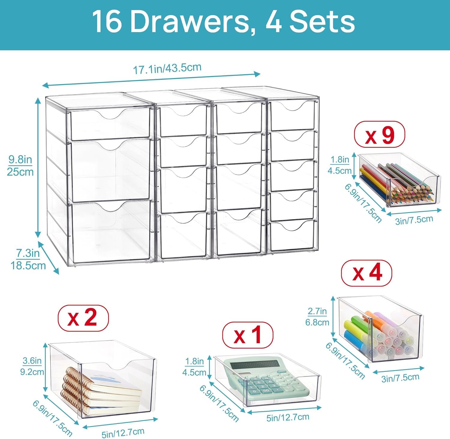 oem odm vtopmart acrylic organizer with 16 drawers (4 set),clear storage drawers for office supplies,desk organization and storage for makeup,jewelry,art crafts factory & wholesale supplier